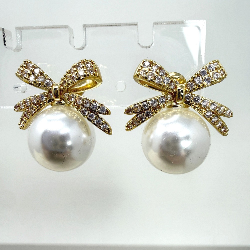 Rhinestone Bow Pearl Drop Stud Earrings Pave Ribbon Bridal Coquette Gold Tone